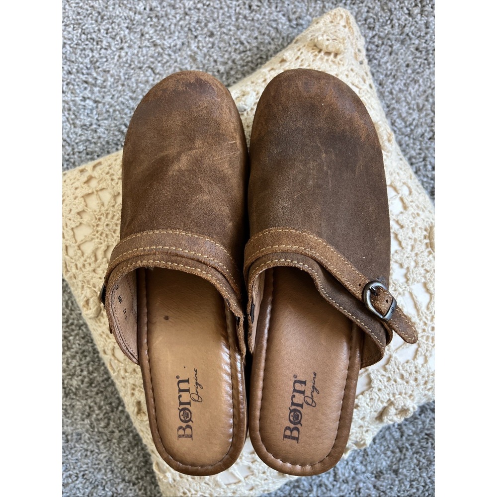 Born Origin Women 10 Brown Leather Mule Clog Studded Buckle Slip On Boho Western - Picture 2 of 16